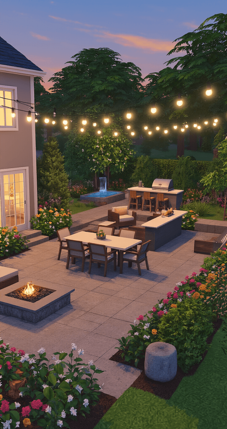 2-Story Bloxburg Houses: Endless Possibilities for Every Player A cozy backyard oasis at dusk featuring string lights overhead, an outdoor dining set, a fire pit seating area, a built-in barbecue and bar, lush greenery, landscaped flower beds, and a small water feature. Warm light spills from the house's windows, inviting the viewer into the serene scene.