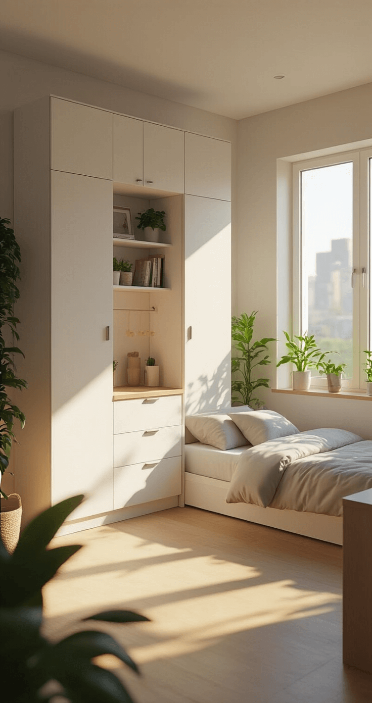 A high-angle view of a minimalist Bloxburg studio apartment featuring a Murphy bed with built-in shelving, a sleek kitchenette with white cabinets, and a small breakfast bar, all bathed in early morning sunlight with pops of muted green from potted plants.