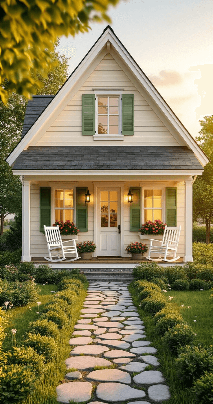 Exterior view of a cozy Bloxburg cottage during golden hour, featuring a charming front porch with a white wooden rocking chair and potted flowers, steep pitched roof with dormer windows, cream-colored siding with sage green shutters, and a stone pathway through a manicured garden, evoking a nostalgic feel.