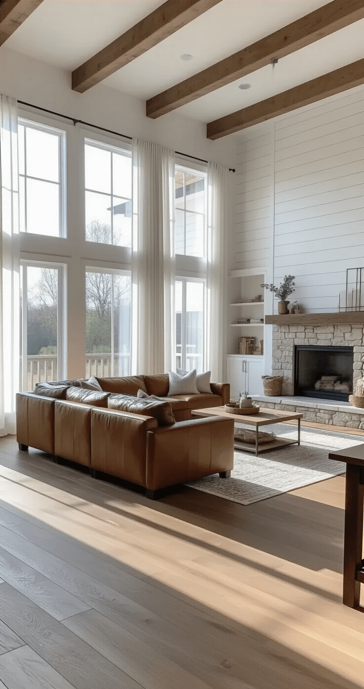 Interior of a modern farmhouse living room in Bloxburg, featuring large windows with sheer curtains, a shiplap white wall, a leather sectional, a stone fireplace, and a sliding barn door, all set on warm natural wood floors.