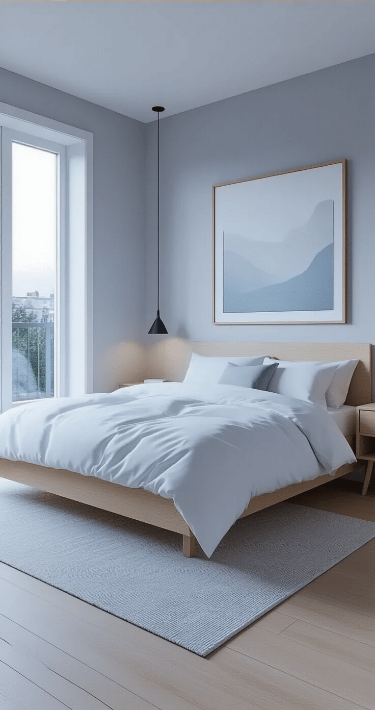 Interior of a Scandinavian-inspired bedroom in Bloxburg, featuring a platform bed with white linens, minimalist wooden nightstands, light gray walls, and pale blonde wood flooring, illuminated by cool blue hour light from floor-to-ceiling windows, with an oversized abstract art piece above the bed.