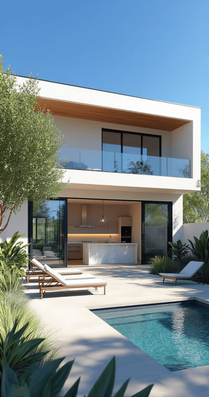 Exterior and partial interior view of a modern California Bloxburg home with large sliding glass doors open to a small pool area, featuring a sleek kitchen with a waterfall island, drought-resistant landscaping, and a flat roof design, all illuminated by bright midday sun.