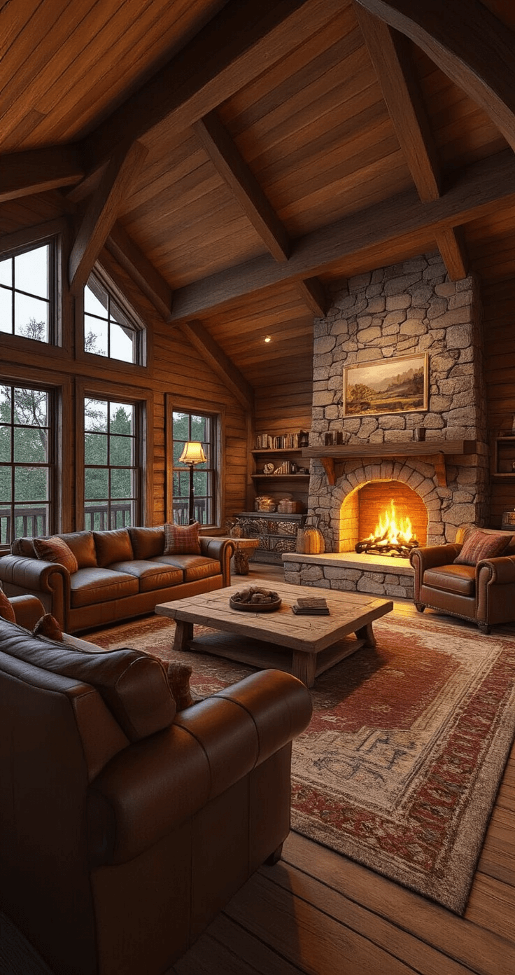 A cozy rustic retreat living room in Bloxburg featuring warm evening light, a stone fireplace, vaulted ceilings with wooden beams, leather armchairs, a plush sofa, and earth tone decor with accents of deep red and forest green.