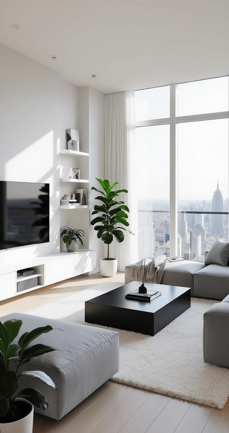 A modern living room featuring floor-to-ceiling windows with a city view, a gray sectional, a geometric black coffee table, minimalist white shelving, a plush white area rug, and potted fiddle leaf figs, all bathed in soft afternoon light.