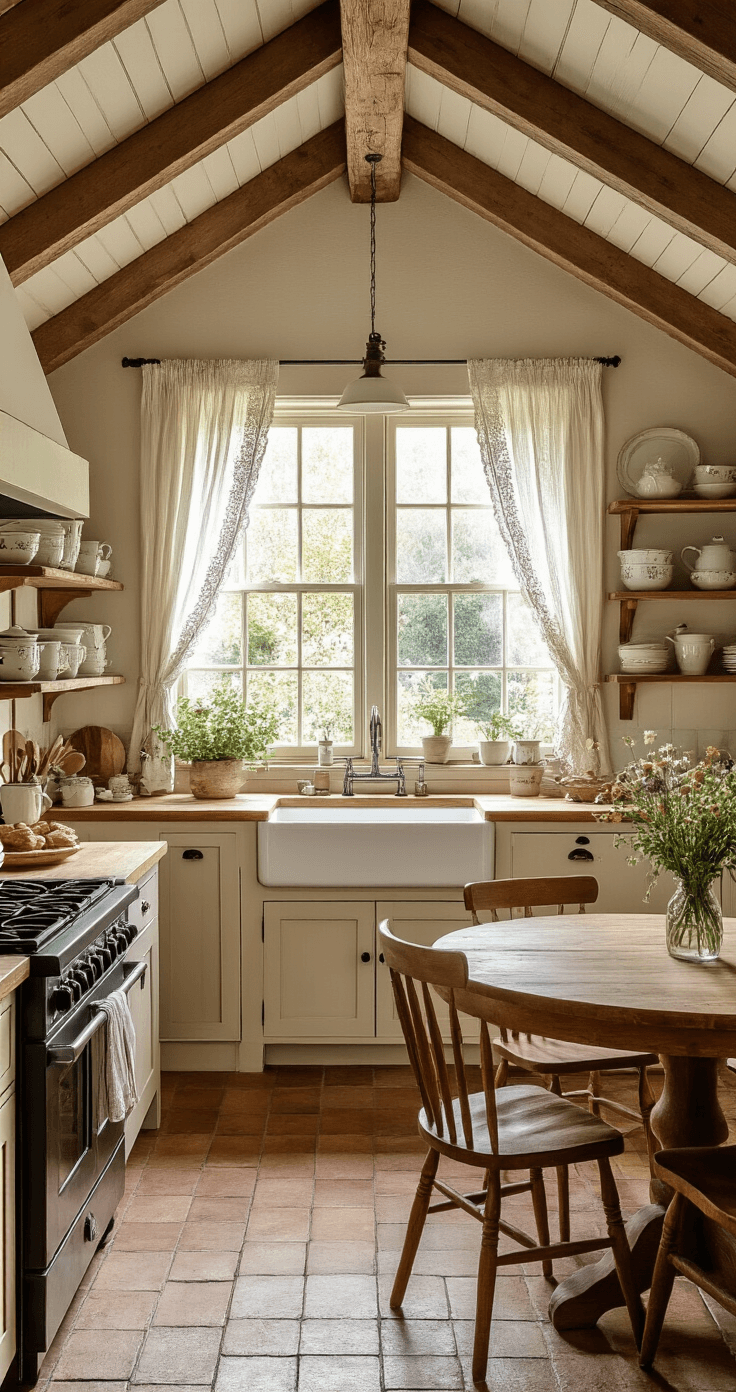 A cozy cottage kitchen with exposed wooden beams, vaulted ceiling, farmhouse sink, weathered oak cabinets, vintage cast iron stove, and a round table with wildflowers, all bathed in soft morning light.