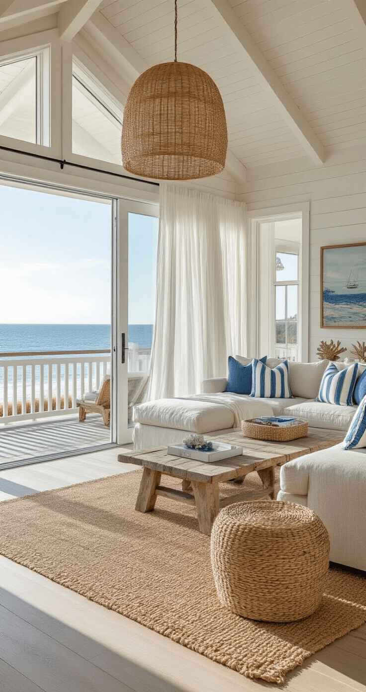A breezy beachfront living area with open sliding glass doors revealing a wrap-around deck, featuring a large L-shaped linen sofa, weathered wood tables, sheer white curtains, and rattan pendant lights, illuminated by late afternoon sun, with coastal decor and views of the beach.