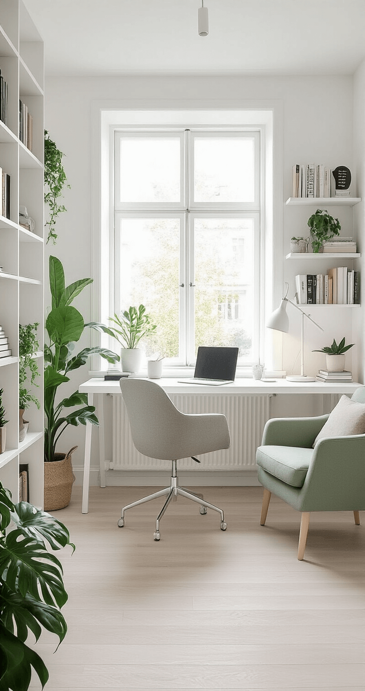 A serene Scandinavian-inspired home office with white walls and pale ash flooring, featuring a sleek white desk and ergonomic chair, open shelving with books and decor, a cozy green reading nook, and potted plants, all illuminated by soft morning light from a large window.
