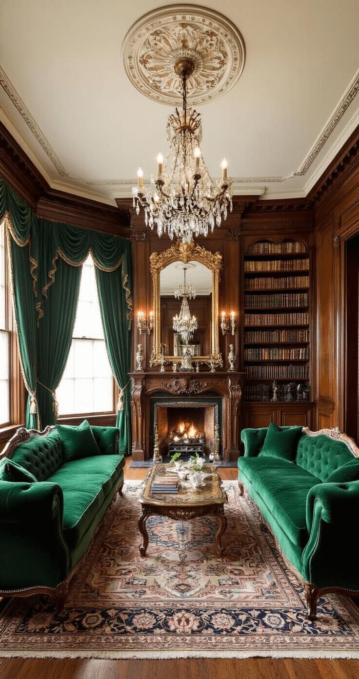 Opulent Victorian parlor featuring high ceilings, ornate crown molding, rich mahogany wainscoting, a grand fireplace with an intricately carved mantel, plush deep emerald green settees, a crystal chandelier, and Persian rugs atop gleaming hardwood floors.
