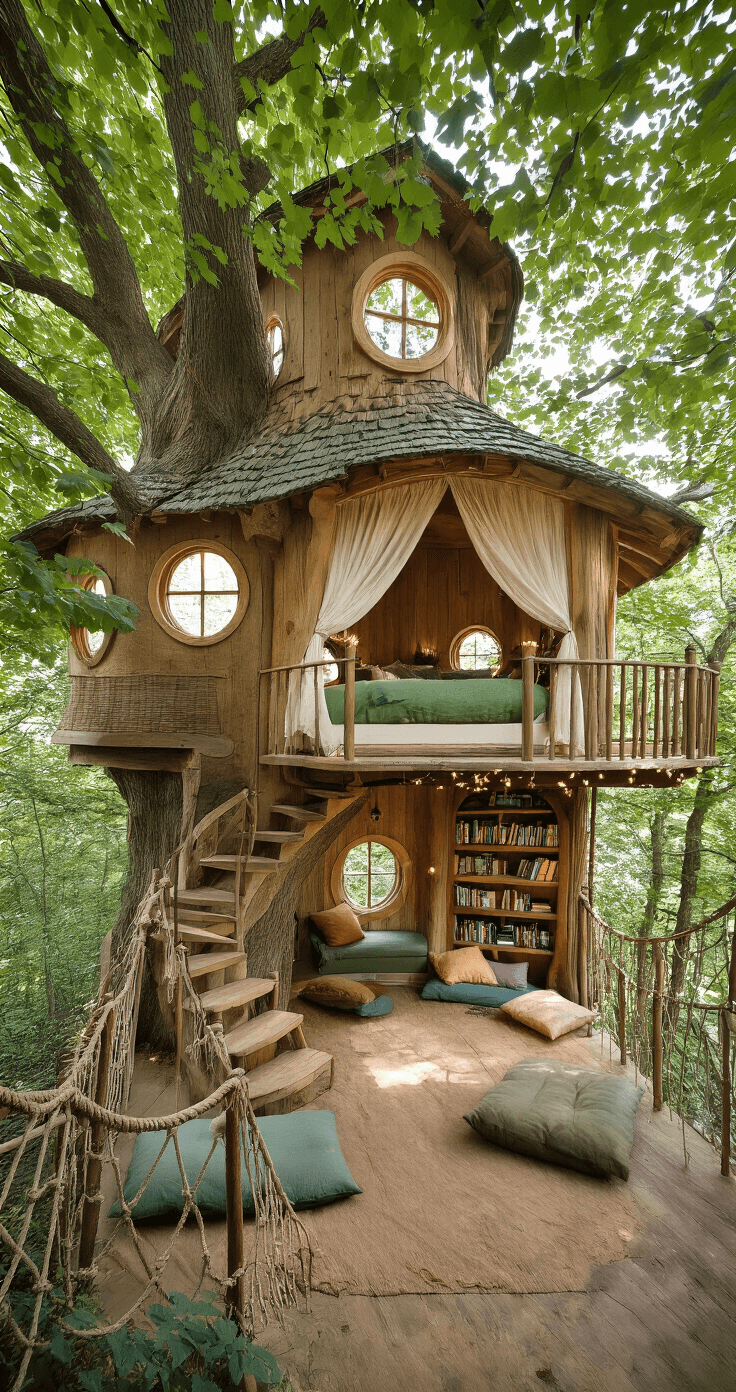 A whimsical treehouse bedroom featuring a cozy loft bed and a spiral staircase, surrounded by leafy branches and dappled sunlight. The walls are natural wood, adorned with earthy decor, oversized floor cushions, and floating bookshelves. Twinkling fairy lights illuminate the space, creating a magical and adventurous atmosphere.