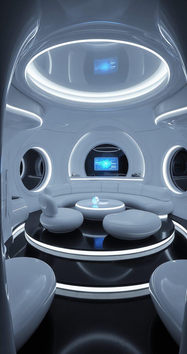 A futuristic circular living space with a domed ceiling, featuring soft ambient lighting, translucent partitions, a sunken seating area with modular white furniture, and a sleek kitchen with touch-activated appliances, all in a predominantly white and chrome color scheme accented with electric blue.