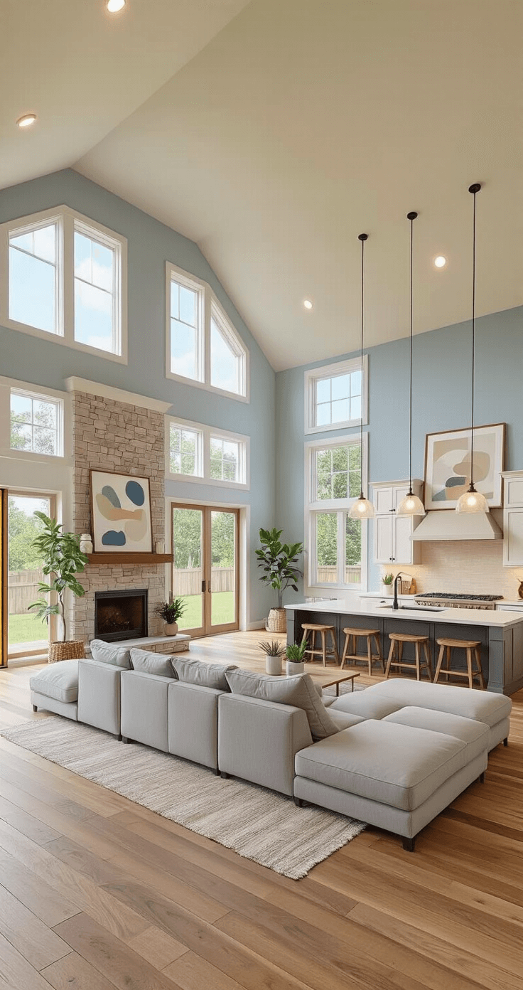 Bloxburg Bliss: Crafting the Perfect 1 Story House Layout A spacious, open-concept living area in a Bloxburg-inspired home with vaulted ceilings, large windows, a light gray L-shaped sectional facing a stone fireplace, and a kitchen featuring a large island with pendant lights. The warm wood flooring and a soft blue and cream color palette create a cozy atmosphere, while potted plants and abstract artwork add vibrant touches. The camera angle is eye-level from the entryway, showcasing the entire inviting space bathed in soft afternoon light.