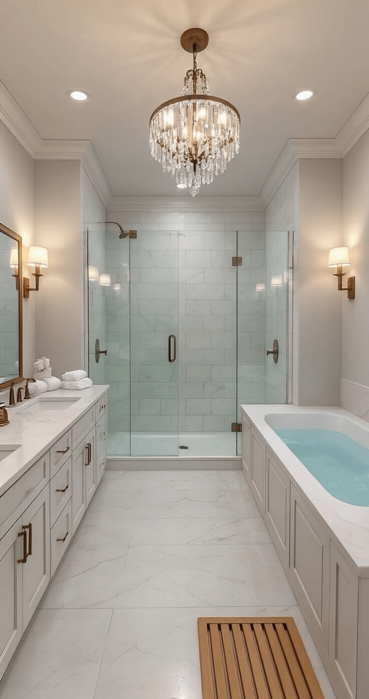 Bloxburg Bliss: Crafting the Perfect 1 Story House Layout A luxurious en-suite bathroom in a Bloxburg-inspired home featuring a large walk-in shower, freestanding soaking tub under a chandelier, double vanities with marble countertops, and soft ambient lighting, all in a white, light gray, and gold color palette, with plush towels and a teak bath mat adding warmth. High-angle view captures the spacious layout and elegant fixtures.