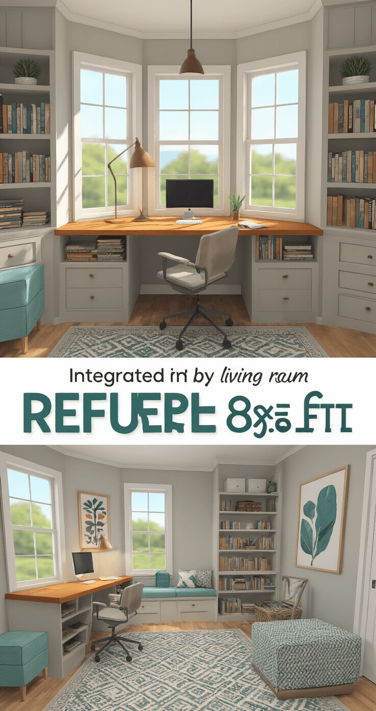 Bloxburg Bliss: Crafting the Perfect 1 Story House Layout A cozy home office nook in a Bloxburg living room, featuring a floating wooden desk with an ergonomic chair, built-in bookshelves, and neutral decor with teal accents, illuminated by natural light from a bay window. A patterned rug defines the workspace.