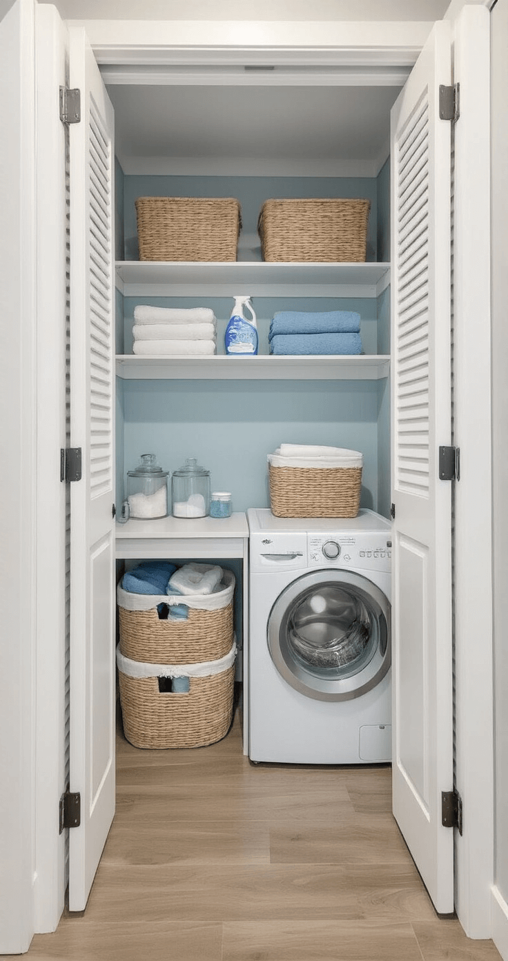 Bloxburg Bliss: Crafting the Perfect 1 Story House Layout A compact laundry closet in a Bloxburg-inspired home featuring a stacked washer and dryer, built-in shelving for detergents, a small countertop for folding, and a color palette of crisp whites with light blue accents, all organized with woven baskets and glass jars.