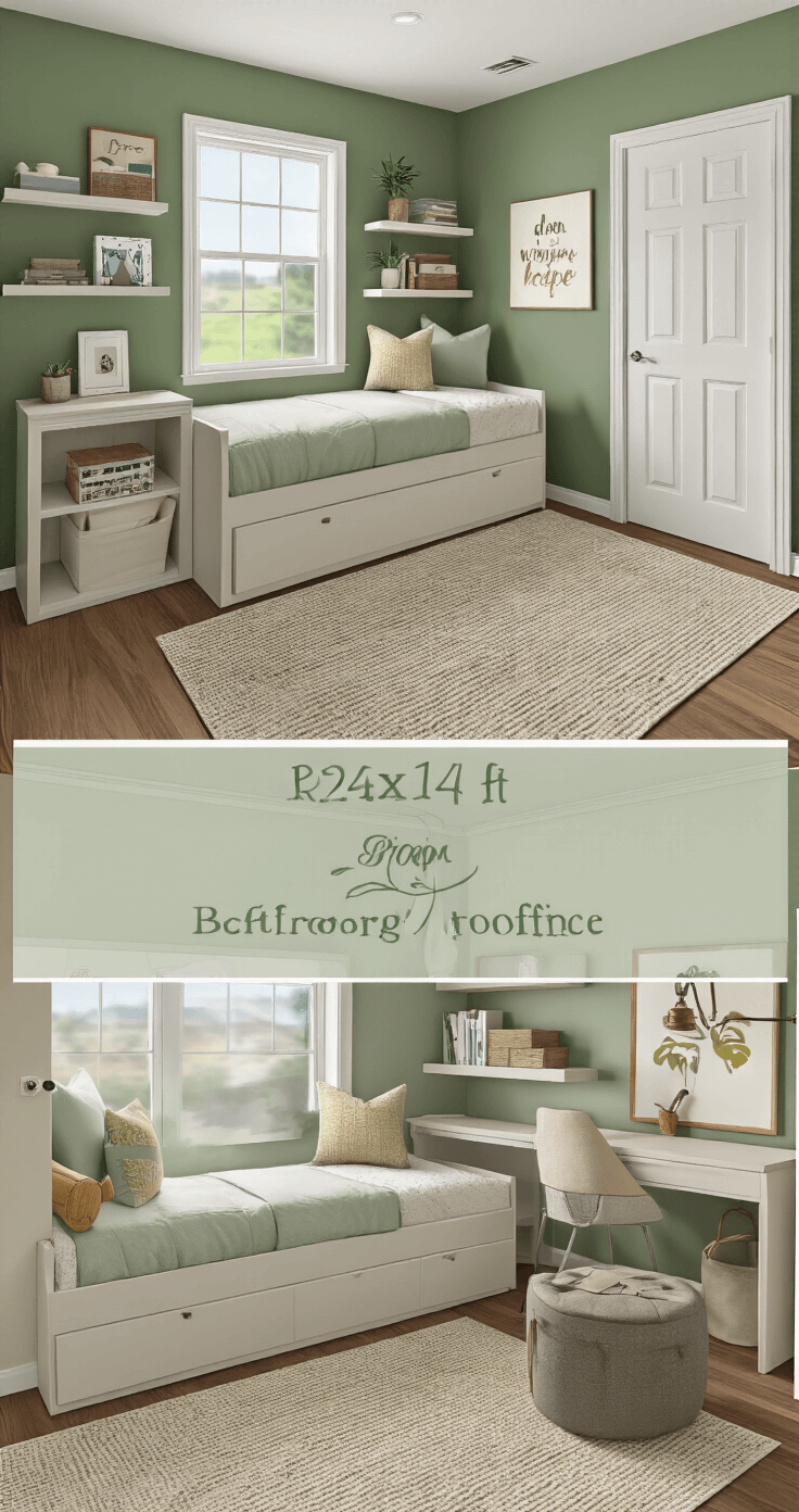 Bloxburg Bliss: Crafting the Perfect 1 Story House Layout A budget-friendly Bloxburg bedroom-office combo featuring a 12x14 ft layout with a daybed, compact desk, and floating shelves. The room uses calming greens and warm neutrals, with multifunctional furniture like an ottoman with hidden storage. DIY artwork and thrifted accessories enhance the stylish decor, all captured from the doorway at eye level to showcase the efficient dual-purpose design.