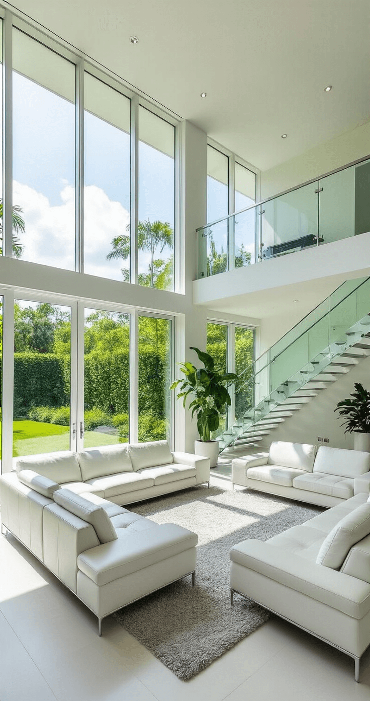 Bloxburg House Ideas: Unleash Your Creativity in 2025 A spacious modern living room with floor-to-ceiling windows, sleek white leather sofas, a plush gray rug, a floating staircase with glass railings, chrome accents, and a single philodendron, bathed in natural light for an airy, sophisticated atmosphere.