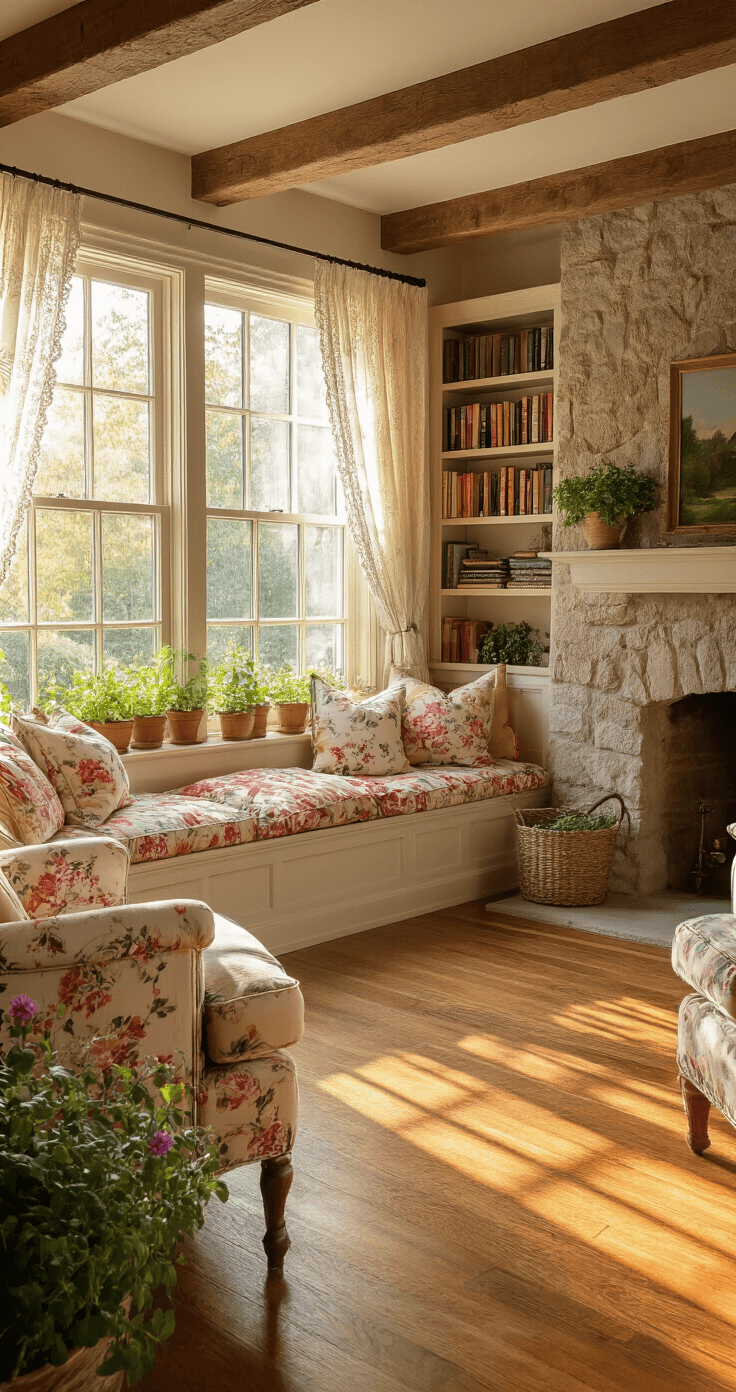 Bloxburg House Ideas: Unleash Your Creativity in 2025 A cozy cottage living room bathed in warm golden hour light, featuring a stone fireplace, built-in window seat with colorful cushions, weathered wooden beams, and overstuffed floral armchairs, all creating an inviting atmosphere.