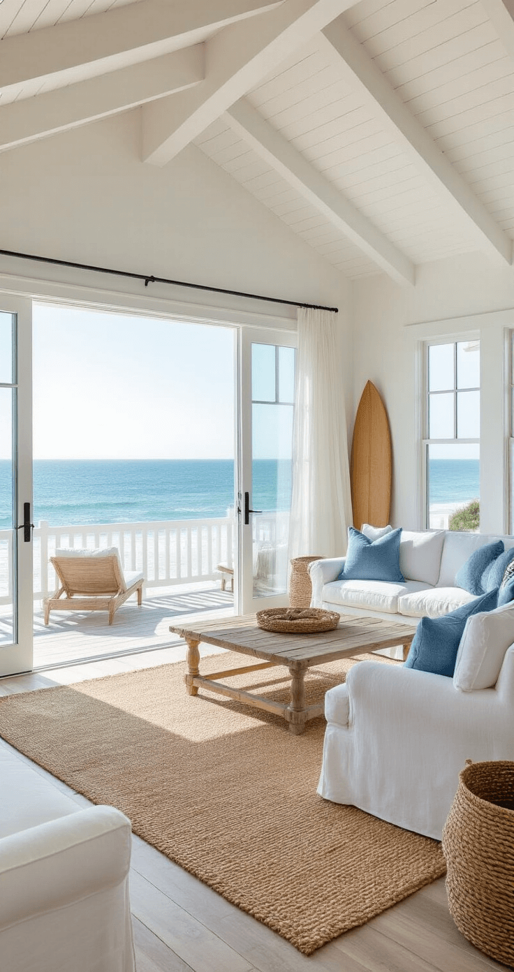 Bloxburg House Ideas: Unleash Your Creativity in 2025 A bright and airy beachfront bungalow living area with whitewashed walls, vaulted ceilings, and oversized sliding glass doors opening to a sun-drenched deck. The space features slipcovered sofas in white and blue, sisal rugs, driftwood accents, and a surfboard in the corner, all illuminated by high-key lighting.