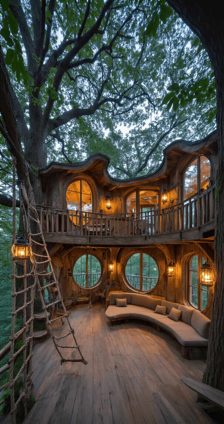 Bloxburg House Ideas: Unleash Your Creativity in 2025 Elevated treehouse retreat at dusk, showcasing rough-hewn timber beams and irregular windows with views of leafy canopies. The central living area features a curved built-in sofa around an oak trunk, with mismatched lanterns illuminating reclaimed wood floors. Rope ladders and swinging bridges lead to lofted sleeping pods, while moss and ferns grow from the walls, enhancing the magical, nature-connected ambiance. A fish-eye lens captures the unique circular layout.