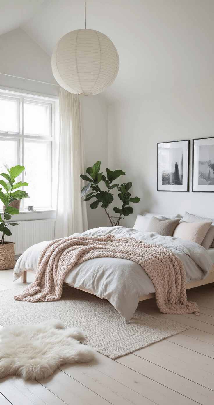 Bloxburg House Ideas: Unleash Your Creativity in 2025 A serene Scandinavian-inspired bedroom with pale birch floors, crisp white walls, and a low-profile platform bed draped in linen, accented by chunky knit throws, an oversize pendant light, potted fiddle leaf figs, floor-length gauzy curtains, a sheepskin rug, and minimalist black and white photography, all illuminated by soft morning light.
