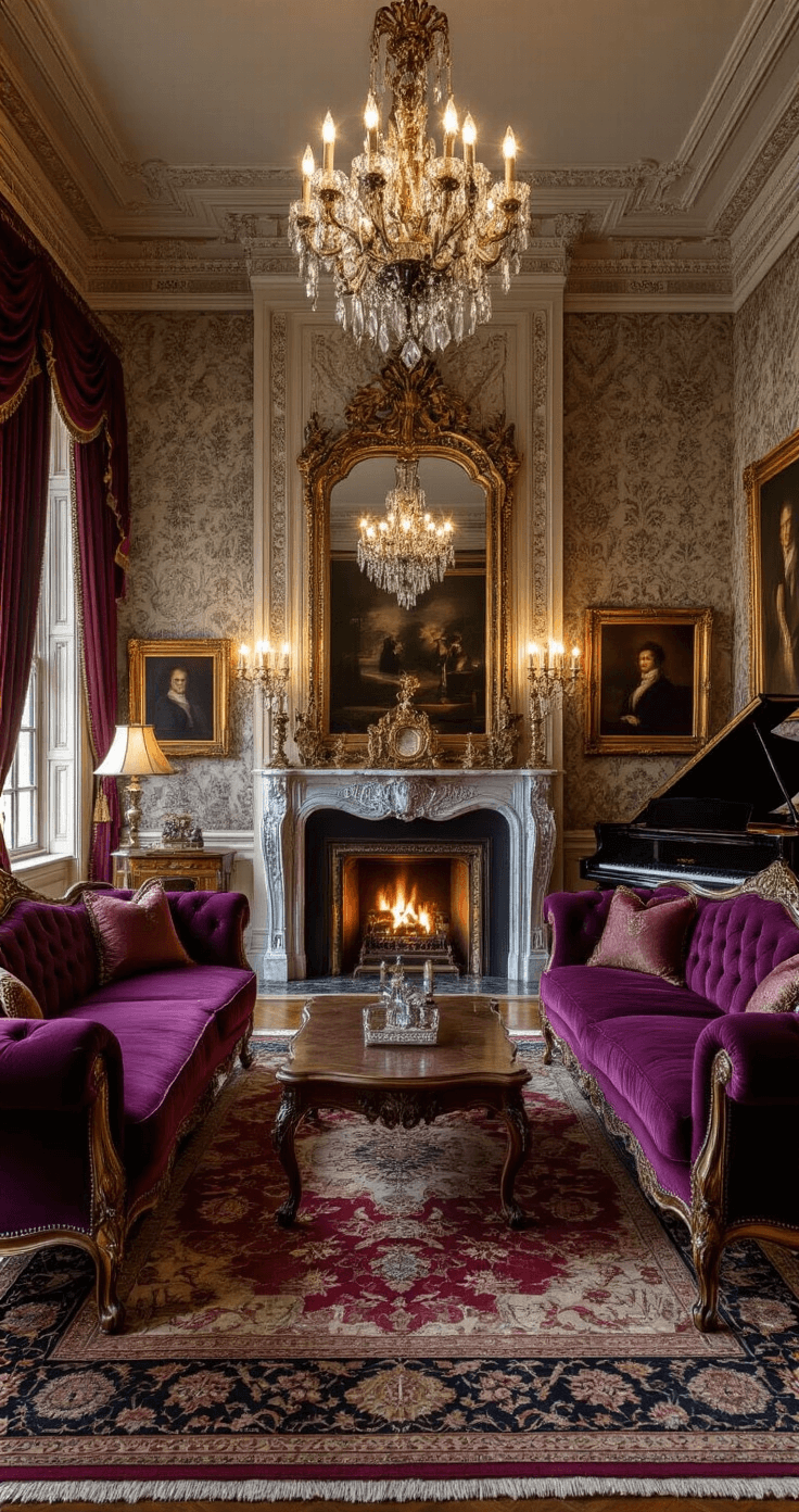 Bloxburg House Ideas: Unleash Your Creativity in 2025 An opulent Victorian parlor at twilight, featuring ornate crown molding, intricate wallpaper, a grand marble fireplace with a gilded mirror, jewel-toned tufted velvet sofas, a mahogany coffee table, crystal chandeliers, heavy brocade curtains, a baby grand piano, and oil paintings in ornate frames, all captured in low-angle shot highlighting the room's grandeur.