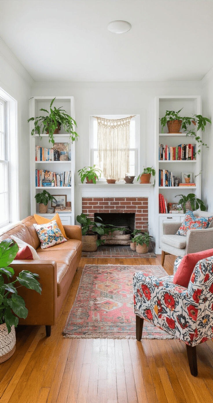 Bloxburg House Ideas: Unleash Your Creativity in 2025 A bright and cheerful budget-friendly living room featuring white walls, refinished hardwood floors, bookcases by a brick fireplace, a secondhand leather sofa, mismatched reupholstered chairs, colorful throw pillows, potted plants, and DIY macramé wall hangings, all bathed in natural light.