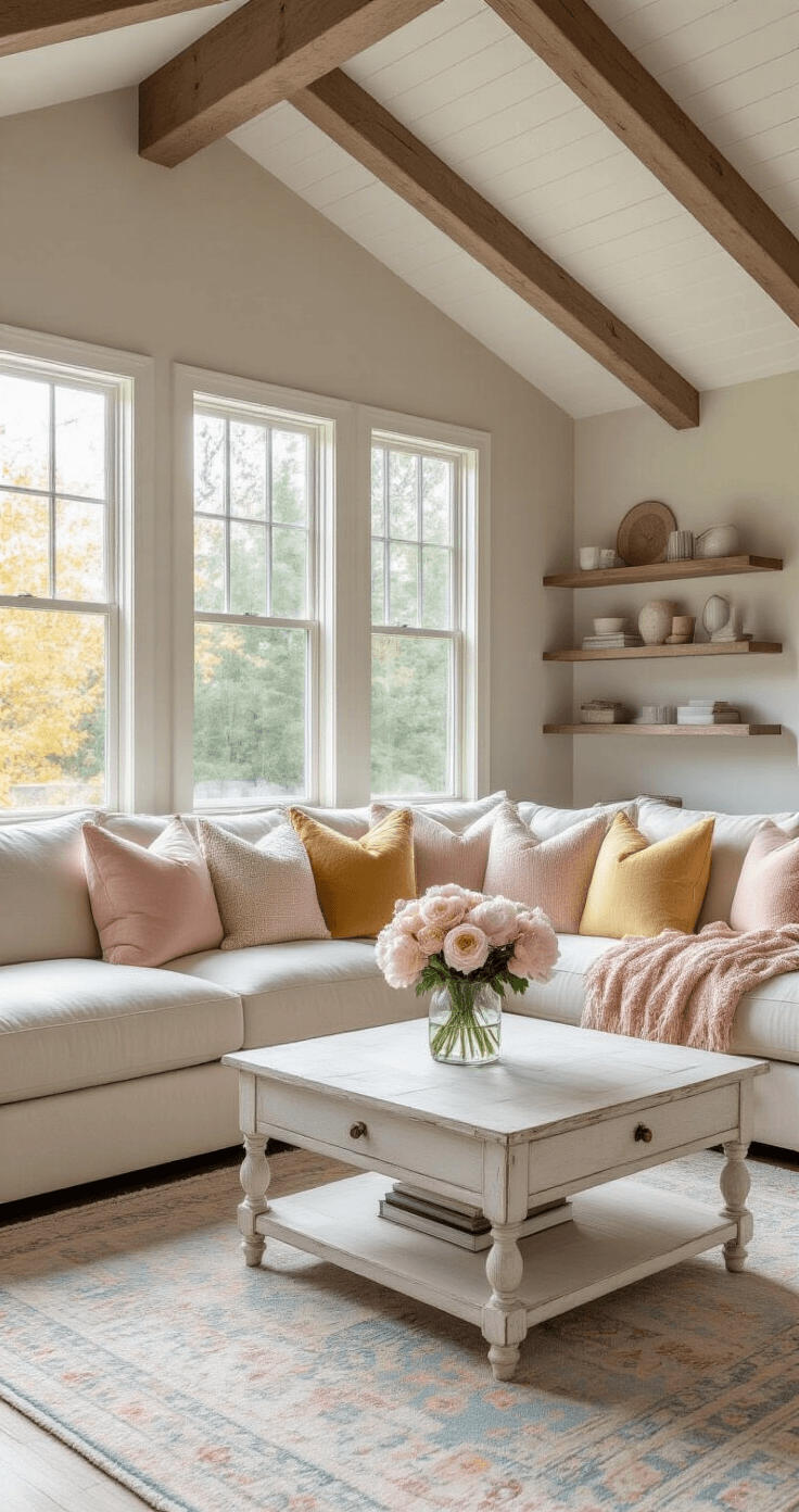 A warm and inviting modern cottage living room featuring vaulted ceilings, exposed wooden beams, and large bay windows. A plush cream sectional with pink and yellow throw pillows sits on a pale blue area rug, beside a distressed white coffee table with a vase of pastel peonies. Soft gray walls adorned with floating shelves showcase curated knick-knacks, all bathed in golden hour sunlight.