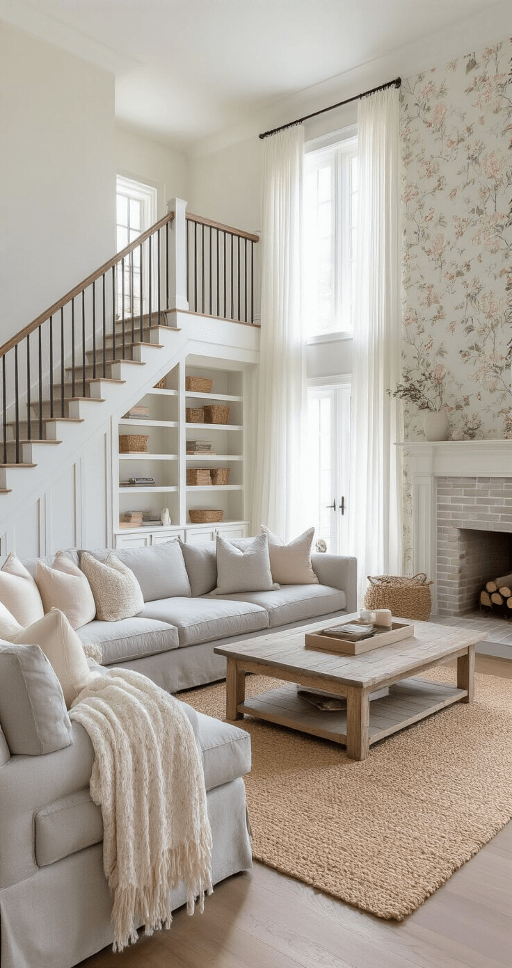 Cute Bloxburg House Ideas: Charming Designs for Every Player A spacious two-story family room featuring a sweeping staircase, dove gray sectional with pastel throw pillows, a jute rug, and a rustic coffee table, all illuminated by morning light through sheer curtains, with floral wallpaper and built-in shelves flanking a whitewashed brick fireplace.