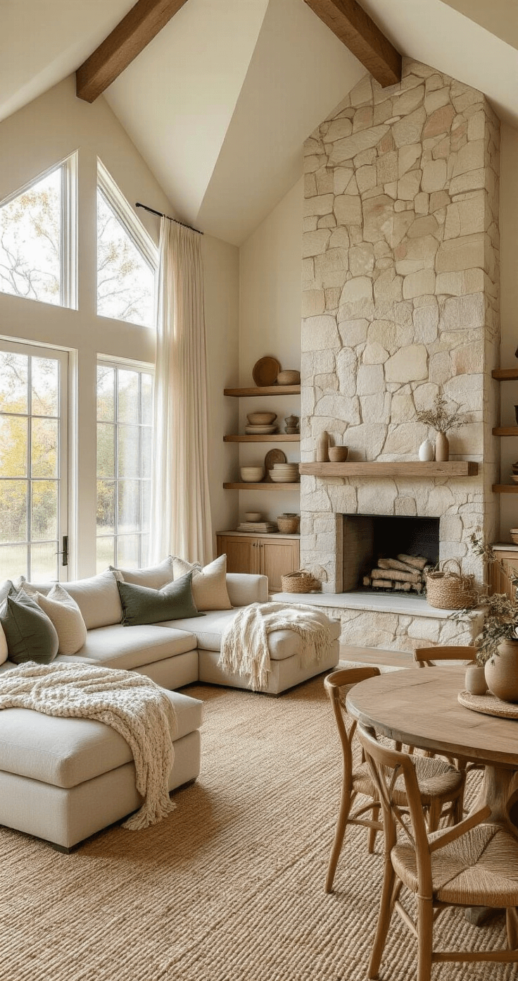 Cute Bloxburg House Ideas: Charming Designs for Every Player A cozy one-story living space featuring a vaulted ceiling, with linen-textured flooring, warm golden hour light streaming through floor-to-ceiling windows, a plush oatmeal sectional, a stone fireplace, built-in window seats, and a weathered wood dining table surrounded by mismatched chairs, all accented with chunky knit throws, velvet pillows, and curated shelves displaying ceramics and vintage finds.