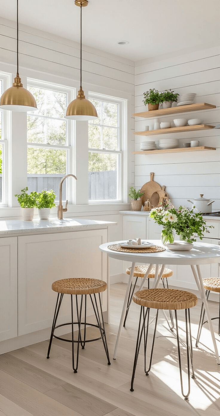 Cute Bloxburg House Ideas: Charming Designs for Every Player Bright and airy kitchen-dining area featuring white shiplap walls, quartz countertops, a small island with rattan stools, and a round table for two, all bathed in mid-morning sunlight with views of a petite backyard.