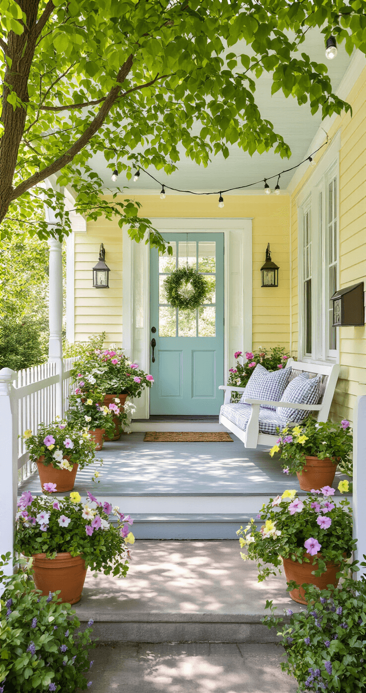 Cute Bloxburg House Ideas: Charming Designs for Every Player A charming front porch framed by a white picket fence, featuring pale yellow siding, a robin's egg blue door, overflowing window boxes, a cozy porch swing, and twinkling string lights, all illuminated by late spring afternoon light.