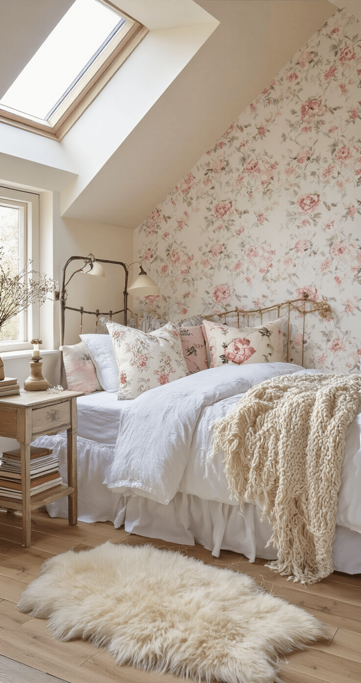 Cute Bloxburg House Ideas: Charming Designs for Every Player A cozy bedroom nook under sloping eaves, featuring a built-in window seat with patterned pillows, soft floral wallpaper, a wrought iron bed with white linens, weathered wood bedside tables with vintage lamps, a fluffy sheepskin rug, dried flower wreaths, and string lights, captured from a low angle with dreamy lighting.