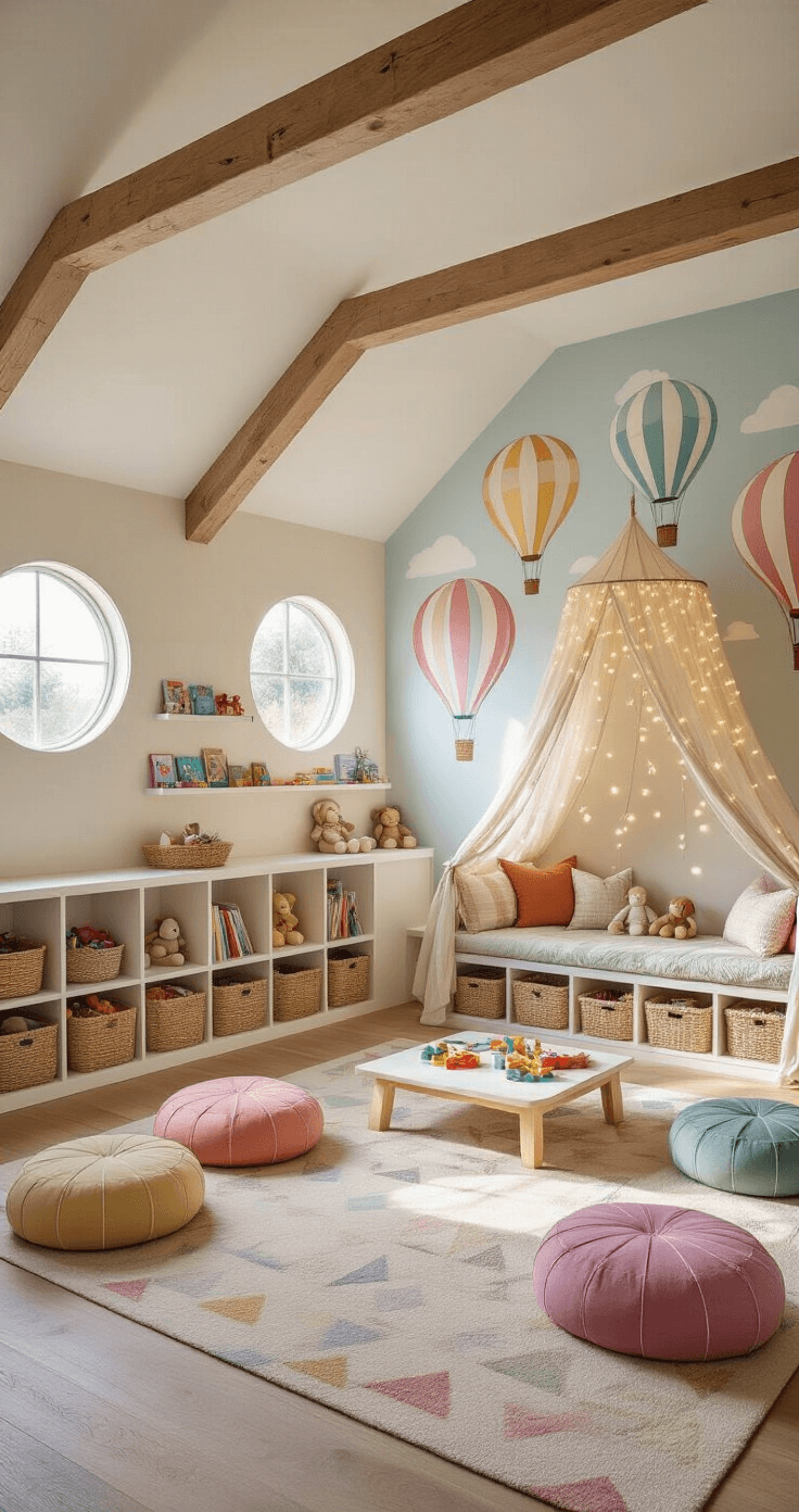 Cute Bloxburg House Ideas: Charming Designs for Every Player A bright and cheerful children's playroom features vaulted ceilings, whimsical hot air balloon murals, cozy reading nooks with fairy lights, colorful poufs, and neatly organized toy storage, all bathed in warm afternoon sunlight.