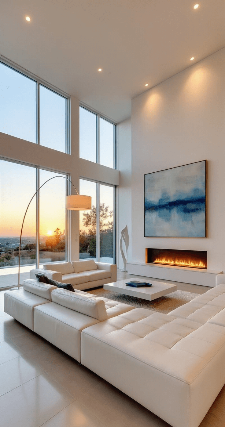 A spacious modern living room with floor-to-ceiling windows, bathed in golden hour light, featuring a white leather sectional, a floating fireplace, minimalist decor, and an open-concept kitchen with quartz countertops.