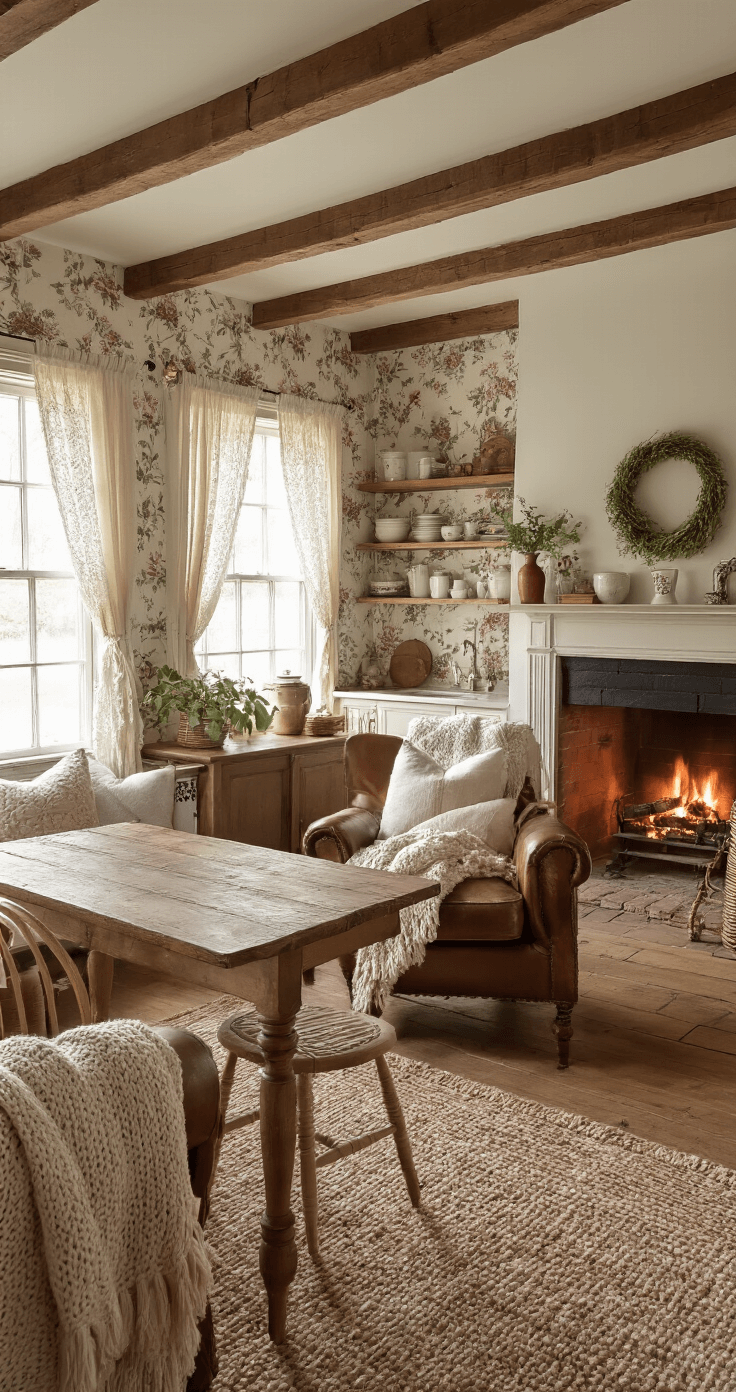 A cozy cottage living room and kitchen combined, featuring exposed wooden beams, vintage floral wallpaper, a worn leather armchair by a fireplace, a farmhouse dining table, open shelving, and a copper sink, all bathed in soft morning light filtering through lace curtains. The warm atmosphere is enhanced by chunky knit throws, braided rugs, and overstuffed pillows in muted pastels, captured from an overhead angle.