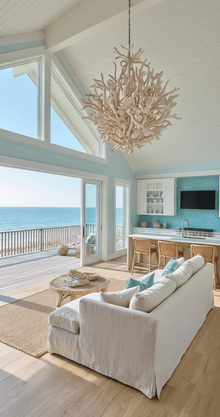A breezy beachfront living area with vaulted ceilings and retractable glass walls, featuring weathered white oak floors, a large L-shaped linen sofa, coastal decor, and an open kitchen with aqua subway tiles, viewed from a wooden deck.