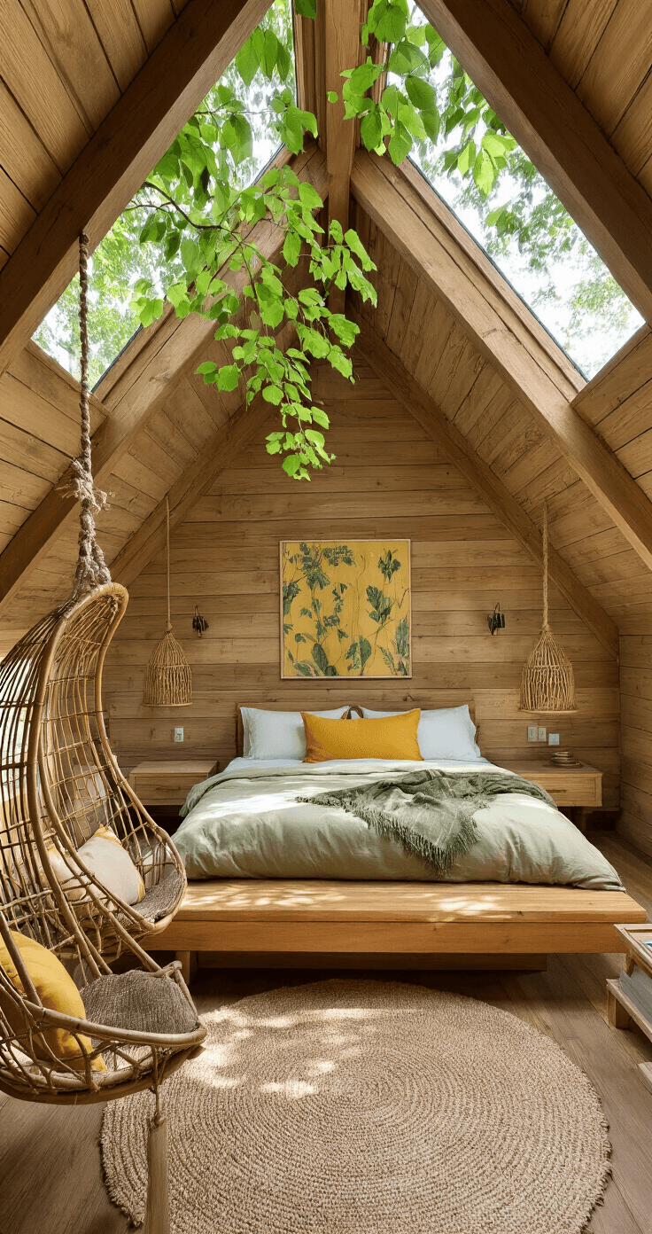 A whimsical elevated treehouse bedroom featuring angled wooden walls, a partially glass ceiling, and dappled light filtering through leaves. The king-size platform bed with organic linens is surrounded by live-edge nightstands, while rattan hanging chairs and a rope ladder lead to a cozy reading nook. The room is decorated in green and brown tones with mustard yellow accents, creating a serene, nature-inspired atmosphere.