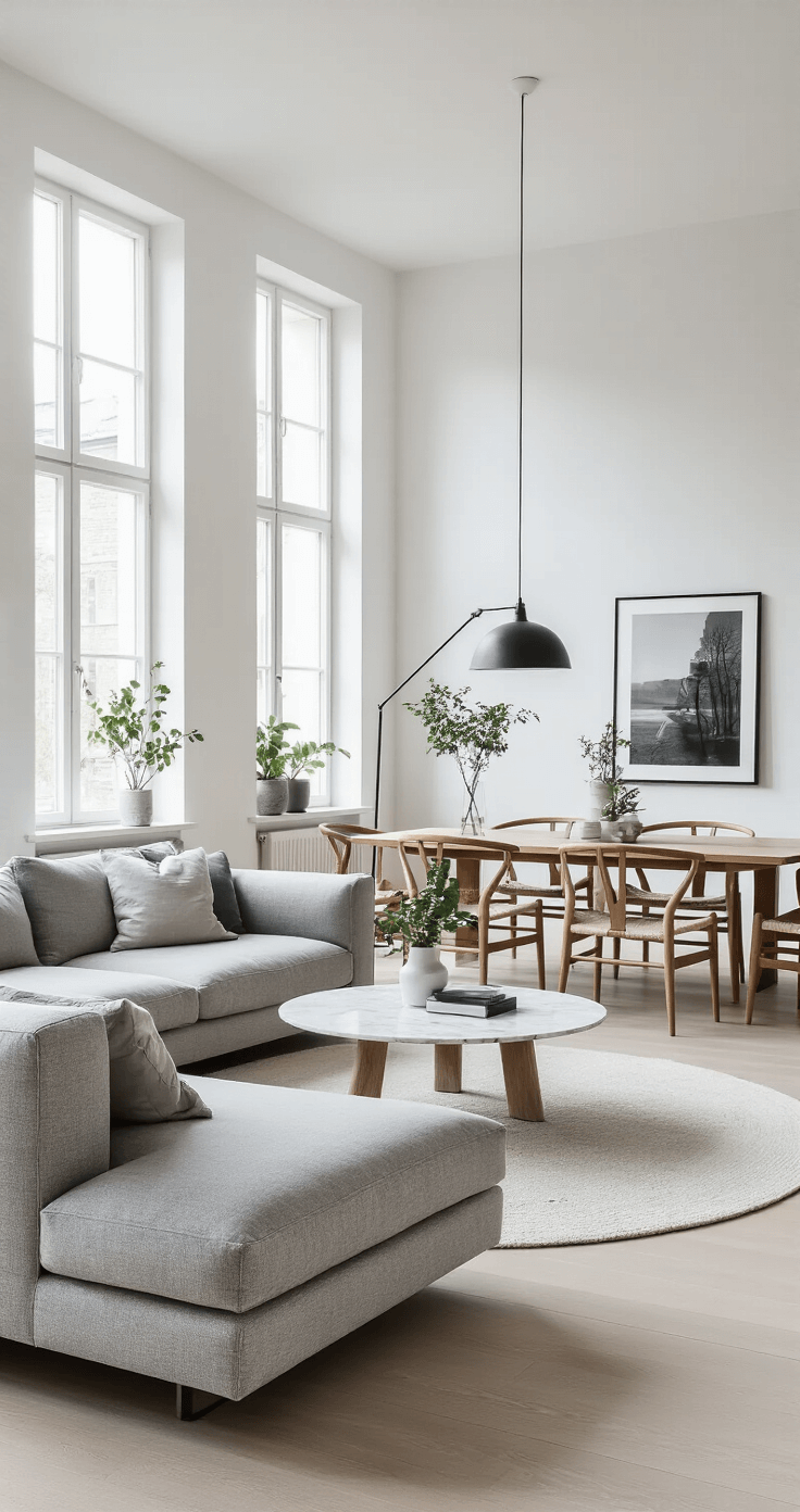 A spacious Scandinavian-inspired great room with white walls and pale ash flooring, featuring a grey sectional, round marble coffee table, minimalist decor, oversized windows, and an adjoining dining area with an oak table and wishbone chairs, bathed in diffused natural light.