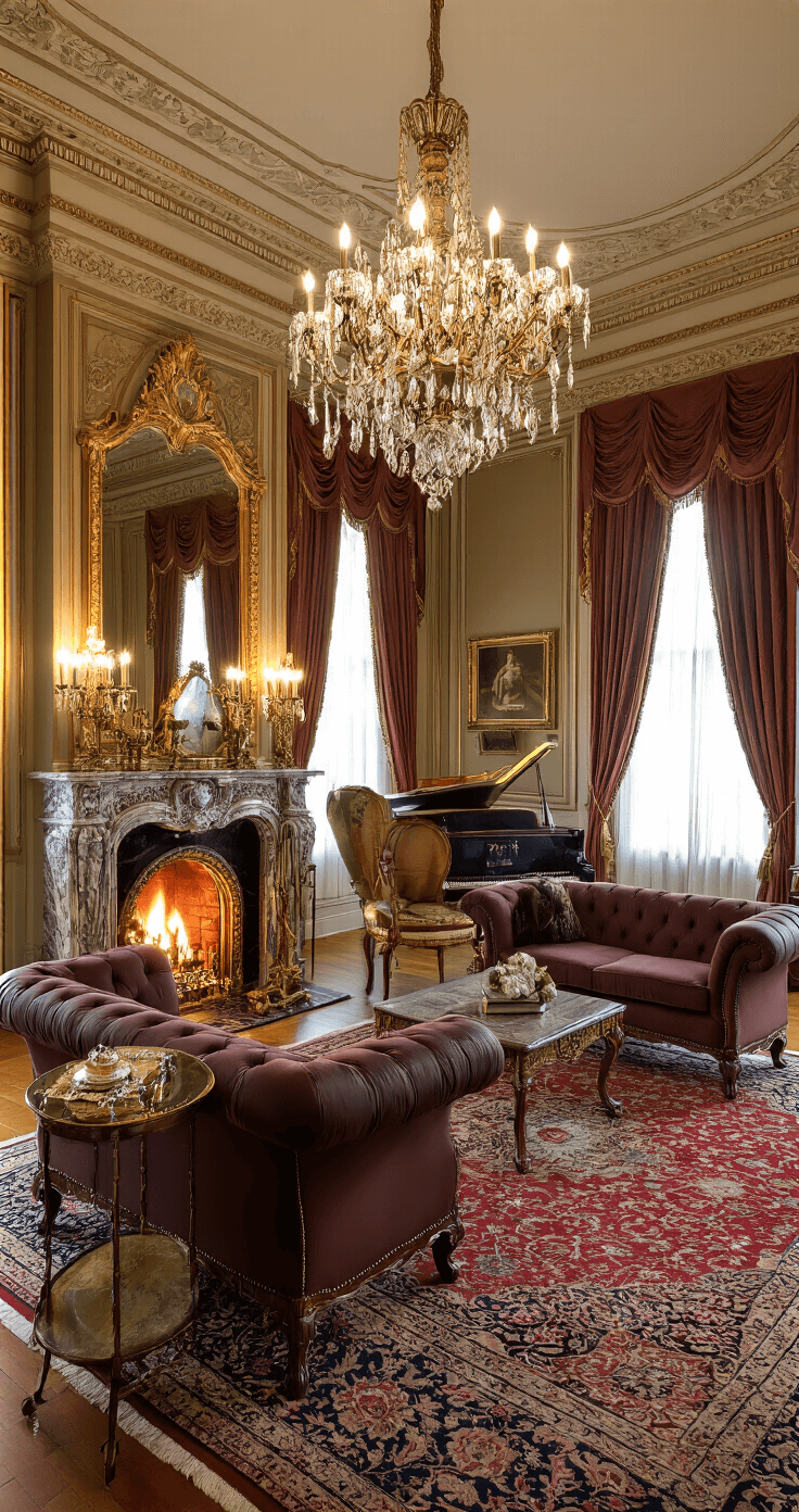 A grand Victorian parlor featuring a tufted velvet chesterfield sofa, wingback chairs, and an elaborate marble fireplace, illuminated by crystal chandeliers. The room is adorned with heavy damask draperies, gilt-framed mirrors, and an ornate grand piano, all set on intricate Persian rugs over polished hardwood floors.