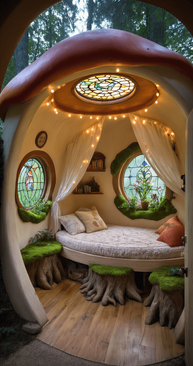 Whimsical interior of a mushroom-shaped tiny house, featuring curved walls, porthole windows, and stained glass insets. A circular bed with twinkling lights is central, surrounded by storage disguised as tree stumps. Decor includes moss-covered walls, a miniature garden, and vintage botanical prints, all bathed in a soft twilight glow.