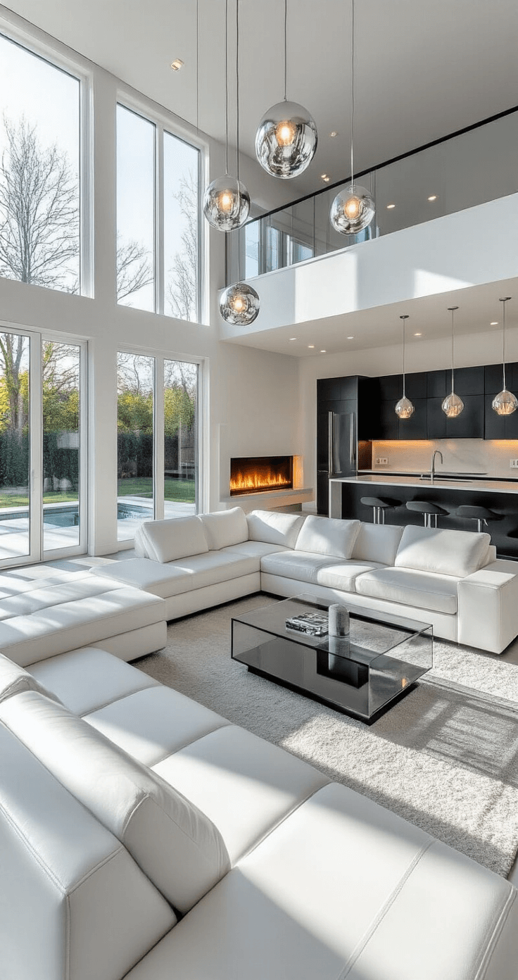 A spacious modern open-plan living area featuring a minimalist white leather sectional, glass coffee table, and a floating electric fireplace, bathed in late afternoon sunlight with floor-to-ceiling windows, showcasing a waterfall quartz island in the kitchen and monochromatic gray and white decor accented with chrome.