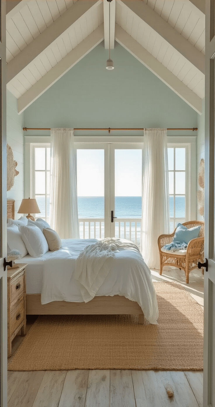 A serene beachfront bungalow bedroom with vaulted ceilings, featuring a king-size bed with rumpled white linens, distressed wood nightstands, and a rattan chair in the corner. Early morning light streams through sheer white curtains, highlighting a pale blue and sandy beige color scheme with coral accents. Decorated with seashells and driftwood, the room has a relaxed and breezy ambiance.