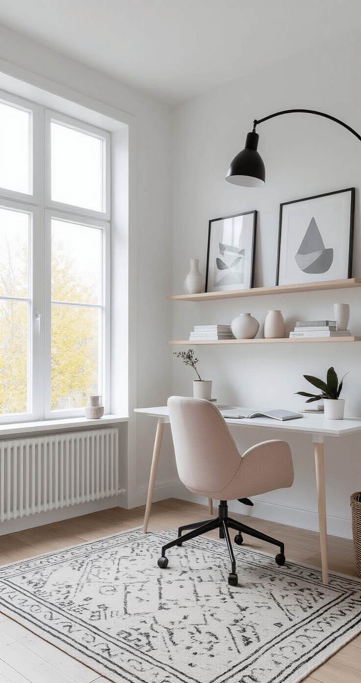 A minimalist Scandinavian-style home office featuring a white-walled room with pale oak floors, large picture window, ergonomic desk and chair, floating shelves with monochromatic decor, and a geometric rug.