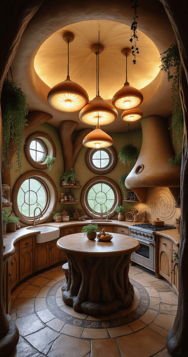 A whimsical mushroom-themed kitchen featuring a 20ft circular room with a 10ft domed ceiling, illuminated by glowing mushroom-shaped pendant lights. The round island resembles a mushroom cap, surrounded by curved counters. Hobbit-like round windows and doors frame an earthy color palette of browns, greens, and muted purples. Gnarled wood cabinets with playful handles complement the stone flooring with an inlaid spiral pattern. Hanging herbs and dried flowers add to the magical atmosphere, captured from the entrance to highlight the enchanting space.