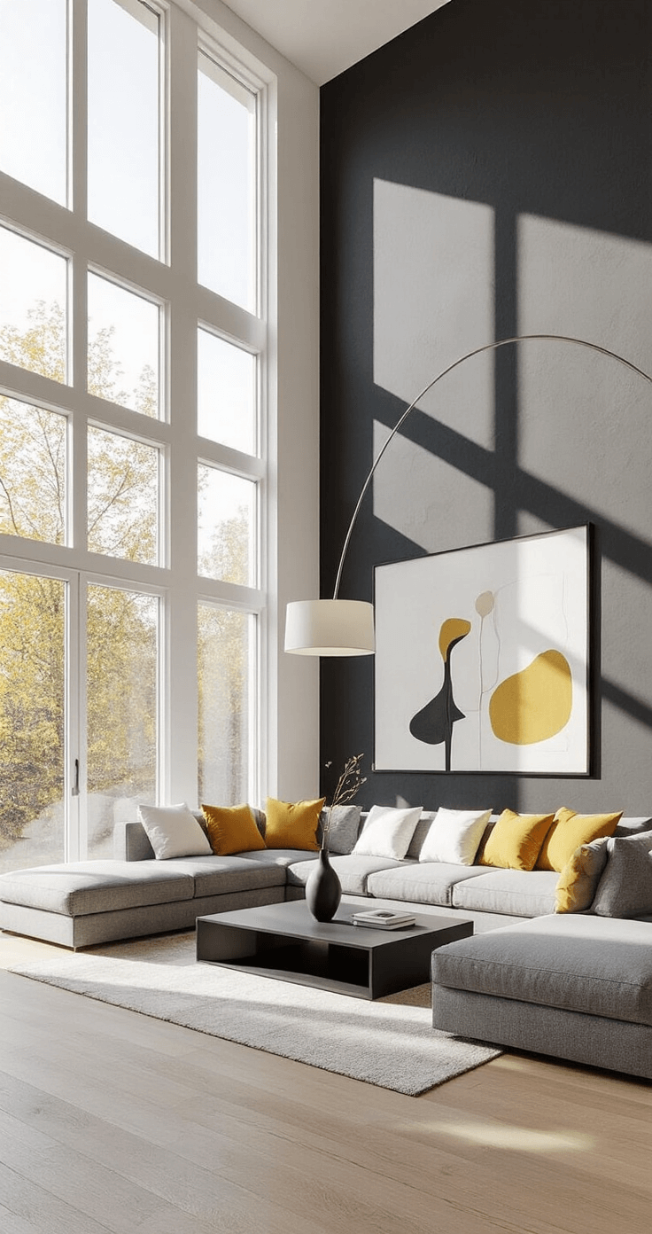 A spacious sunlit living room with 20-foot ceilings, featuring floor-to-ceiling windows, a gray sectional with white and mustard yellow pillows, a black coffee table with a minimalist vase, white walls, a charcoal accent wall with abstract art, light oak hardwood floors, and a contemporary floor lamp. Wide-angle view highlights the room's expansiveness and soft, diffused lighting.