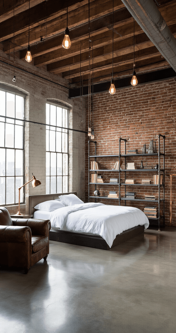 A spacious loft with 15-foot ceilings, exposed brick walls, and large factory-style windows, featuring a king-size bed on a raised platform, industrial pipe shelving, a distressed leather armchair, and polished concrete floors, illuminated by hanging Edison bulbs and early morning light.