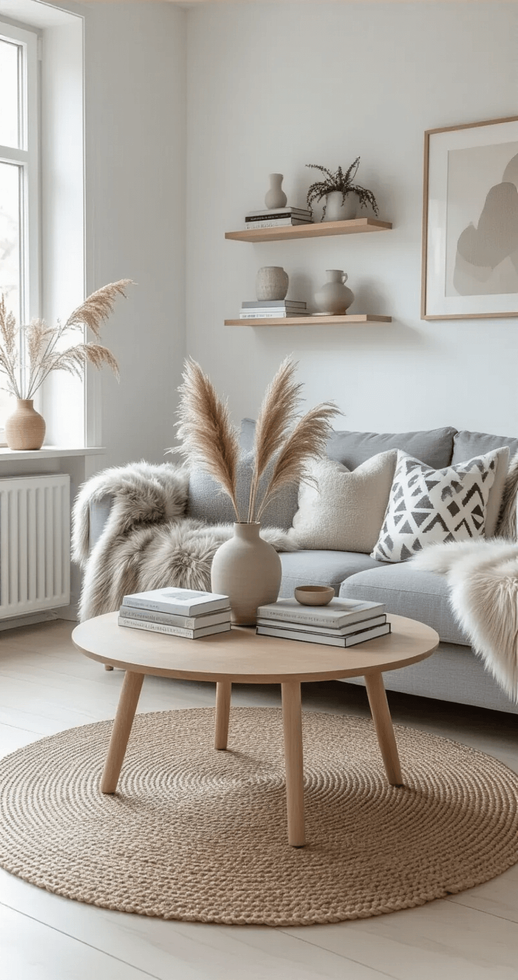 A cozy Scandinavian-inspired living room with white walls, pale wood floors, and a plush gray sofa adorned with faux fur throws and geometric cushions. A round oak coffee table holds design books and a ceramic vase with dried pampas grass, while a woven jute rug adds texture. Floating shelves display minimalist decor and potted plants, all bathed in soft, natural daylight.