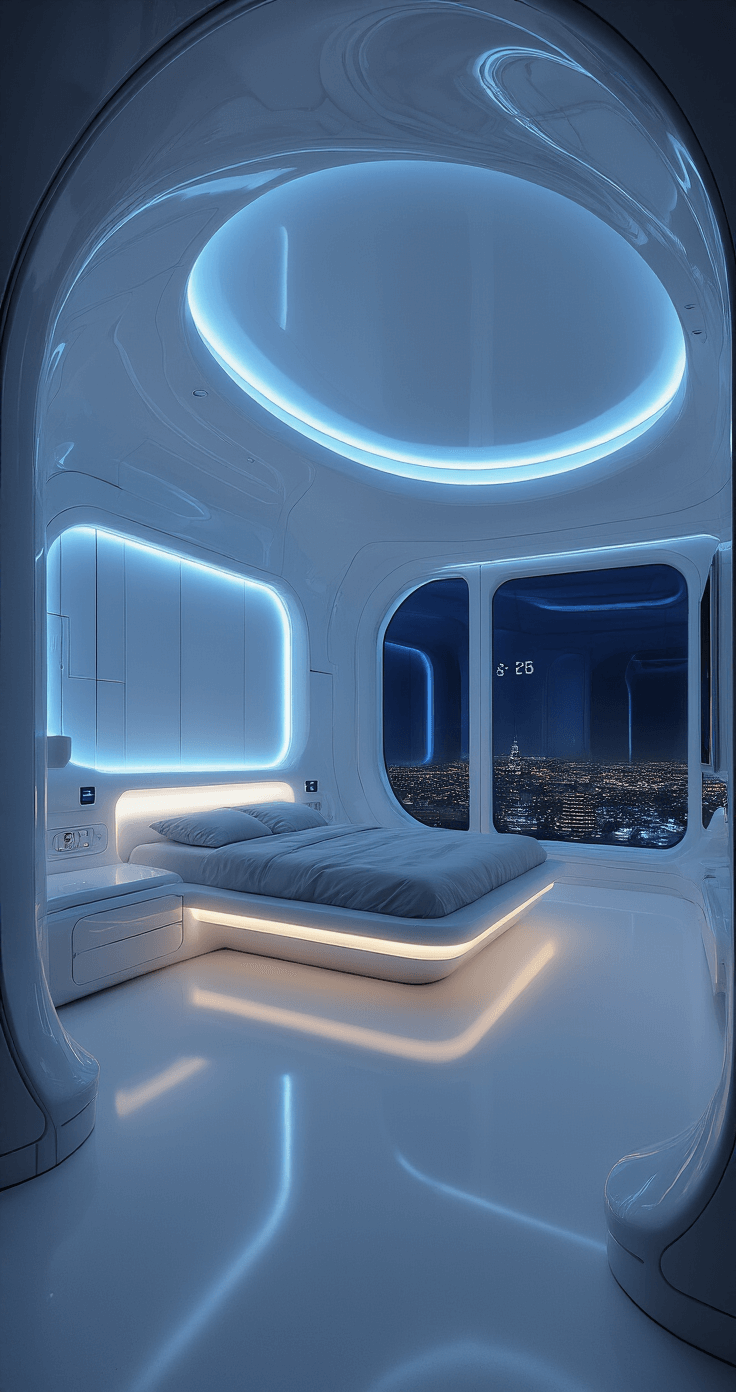 A futuristic bedroom featuring curved walls and a domed ceiling, illuminated by soft blue ambient lighting. A floating bed with a backlit headboard hovers above a glossy white floor, with floor-to-ceiling windows showcasing a night cityscape. Sleek built-in storage units line one wall, and a holographic display projects the time onto the ceiling, all captured from a low angle to highlight the room's unique architecture and sci-fi atmosphere.