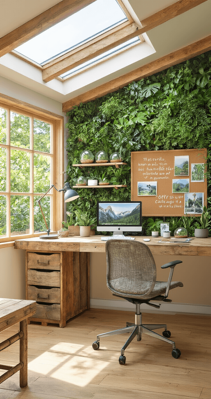 A bright and airy eco-friendly home office featuring a reclaimed wood desk facing a living wall, bamboo flooring, and ergonomic chair made from recycled materials, with open shelving displaying plants, a cork board of inspirational quotes, and a solar-powered lamp.