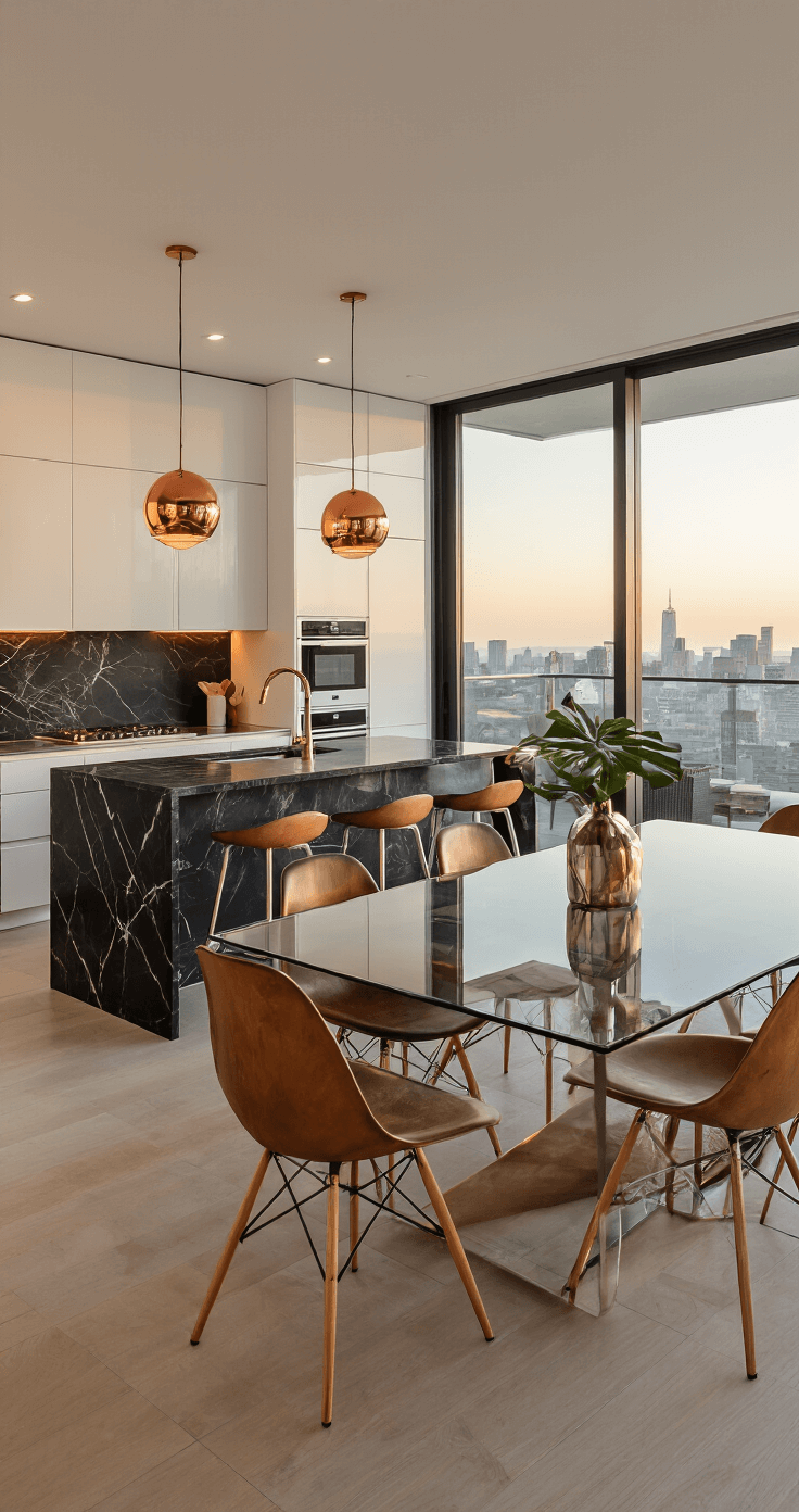 Modern open-concept kitchen and dining area bathed in golden hour light, featuring sleek white cabinetry, a black marble island, copper pendant lights, a glass dining table with mid-century chairs, skyline views through sliding glass doors, stainless steel appliances, and a statement oversized abstract art piece.
